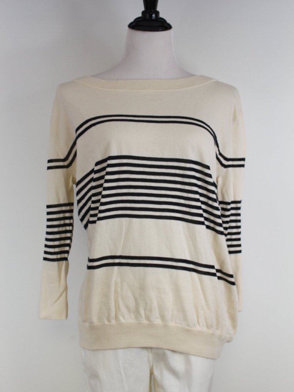 Autumn Cashmere Stripe Boat Neck Sweater Cream Black‎ Parisian Euro Summer M - Picture 3 of 9
